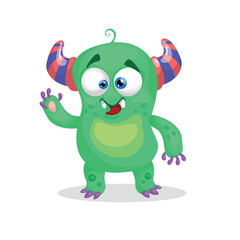 Cute green horned monster. Happy Halloween mascot character. Best for kid parties designs, t-shirt and posters. Vector illustration.