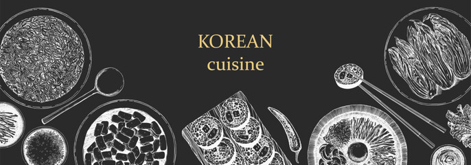 Korean Restaurant Menu. Hand-drawn illustration of dishes and products. Ink. Vector