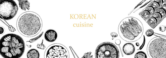 Korean Restaurant Menu. Hand-drawn illustration of dishes and products. Ink. Vector