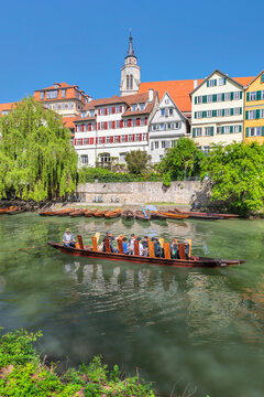 Tourist boat on Neckar River, Tubingen, Baden Wurttemberg, Germany