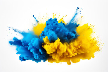 Explosion of colorful yellow blue color holi paint powder isolated on white background. Colors of the flag of Ukraine. AI generated