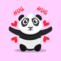 cute baby panda standing, spreading his arms for a hug. Postcard for childrens design. vector flat cartoon happy panda.