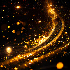 Fototapeta na wymiar Fond abstrait doré.Poussière d'or magique sur fond noir,paillettes scintillantes brillantes,surface dorée,IA générative.
