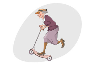 Cheerful old lady riding a scooter