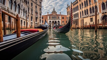 illustration, stern of gondola in the background venetian landscape, ai generative