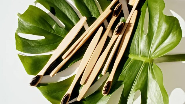 Eco-friendly biodegradable Bamboo toothbrush. No plastic. Conscious minimalism Vegan lifestyle. Reuse reduction concept. High quality 4k footage