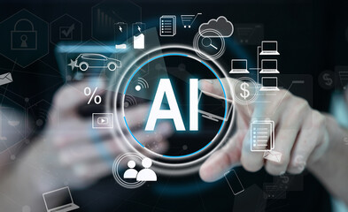 Businessman touching digital chatbot for provide access to information and data in online network, application and global connection, AI, Artificial intelligence, innovation and technology.