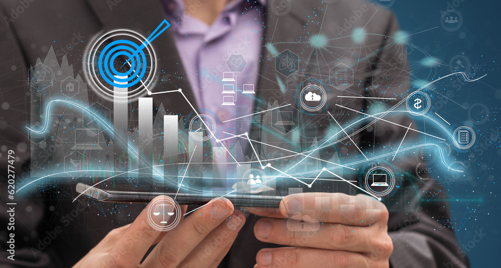 Poster businessman analyzing virtual digital graphics.profit forecasting company business growth in 2023 ca