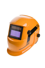 Orange welding mask helmet on white background