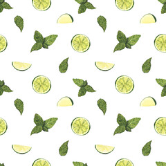 Watercolor seamless pattern mint leaves and lime. Hand-drawn illustration isolated on white background. Concept for fabric print, label, banner, menu, flyer, brochure template