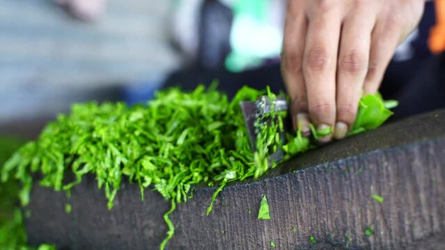 This is a closeup shot of cutting vegetables for Indian street food Frying Fritters