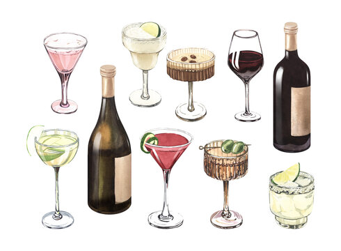 Watercolor cocktail glasses set: bottle, martini, gin, wine, margarita, liquor, rum. Hand-drawn illustration isolated on white background. Perfect for recipe lists with alcoholic drinks