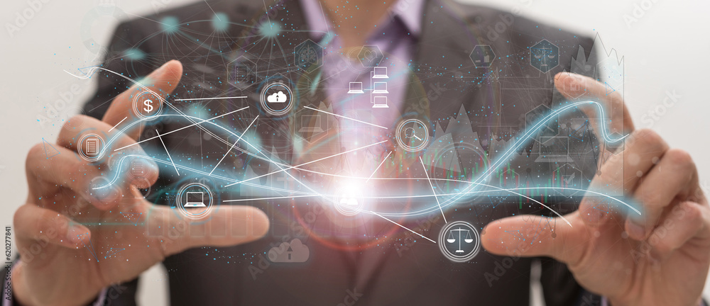 Poster businessman on blurred background using tech devices and icons thin line interface
