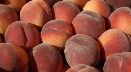 close up of ripe peaches. selective focus. background or food texture.