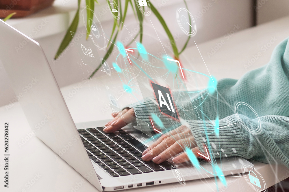 Poster technology and people concept man use ai to help work, ai learning and artificial intelligence conce