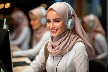 A woman in a hijab in headphones with a microphone works in a call center. AI generation