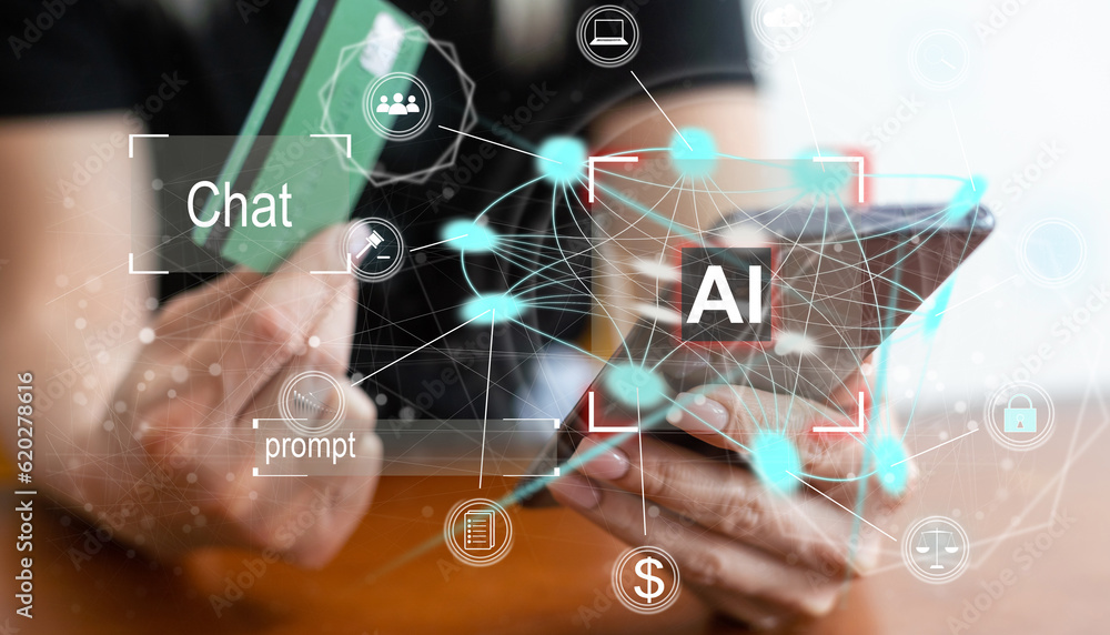 Poster chat ai concept, people using computer side view typing on laptop keyboard chat with ai or artificia