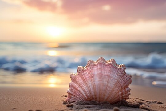 a shell on a beach with waves in the background Generative Ai