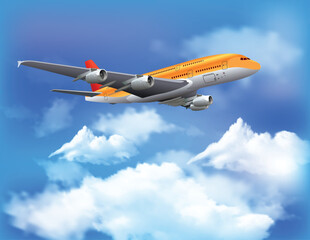 Fototapeta na wymiar Realistic Passenger Airplane Flying in Blue Sky: Vector Resources