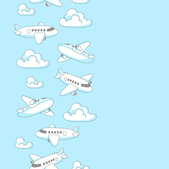 Pattern with airplanes and clouds. Travel illustration and tourism background.
