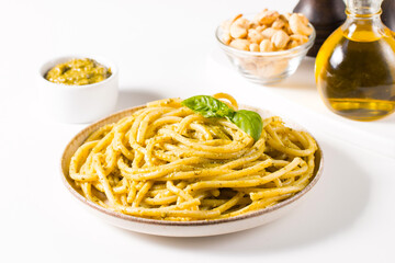 Spaghetti pasta with pesto sauce, basil, cashew and parmesan. Ingredients. 