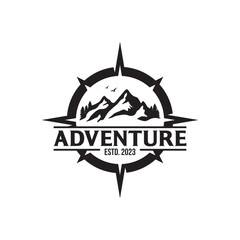 Adventure Logo with Mountain and Compass Design Vector Illustration Template
