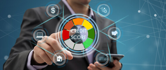 Business, technology, internet concept on hexagons and transparent honeycomb background. Businessman pressing button on touch screen interface and select credit score