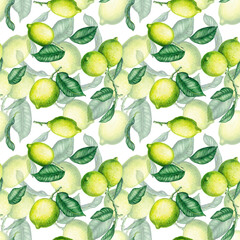 Seamless pattern of watercolor illustrations of lemons on branches with leaves. Handmade work. Isolated.