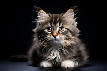 Fototapeta na wymiar Adorable Fluffy Kitten on a Black Background with Playful Eyes. Generative AI