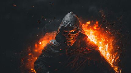 Creepy man in a black hood with a skull on his head in the fire