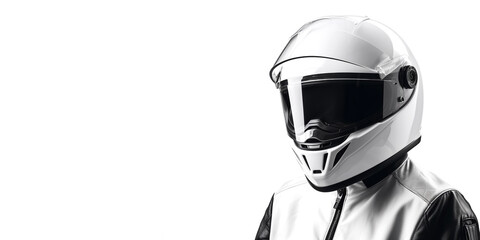 Obraz na płótnie Canvas Portrait of a motorcyclist in a matching suit and helmet, close-up and against an isolated white background. Generative AI