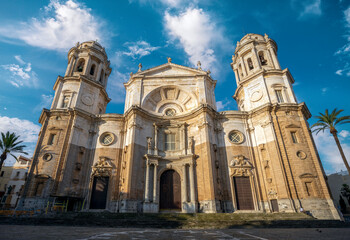 View of the beautiful baroque facade of the Cathedral of Cadiz, Andalusia, with day lighting