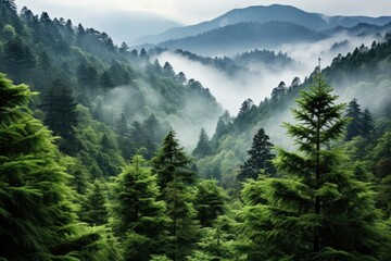 Fototapeta premium a mountain forest with high trees myst and fog grim background AI Generated 