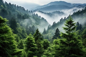 a mountain forest with high trees myst and fog grim background AI Generated 