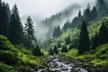 Obraz premium a mountain forest with high trees myst and fog grim background AI Generated 
