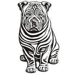 Chinese Shar Pei dog engraved vector portrait, face cartoon vintage drawing in black and white
