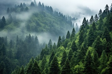 Obraz premium a mountain forest with high trees myst and fog grim background AI Generated 