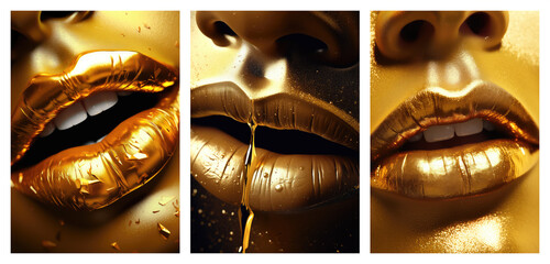 Set of golden lips art posters, abstract modern concept art