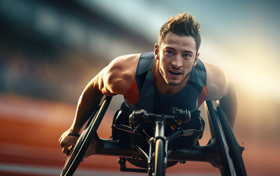 Paraathlete running on a treadmill in the early morning. Generative AI - Powered by Adobe