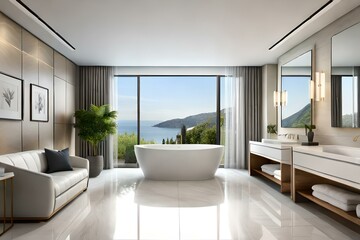 Fototapeta na wymiar A luxurious master bathroom with a freestanding soaking tub made of polished white marble