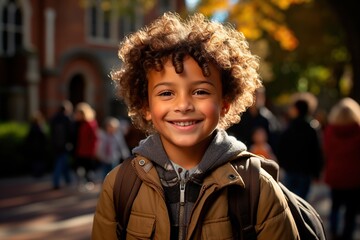 Multiethnic boy stands in the schoolyard with a backpack. Back to school concept. Autumn atmosphere. AI generation