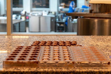 Selective focus of pralines, selective focus, filled chocolate mold. Liquid chocolate from angle view  in factory.