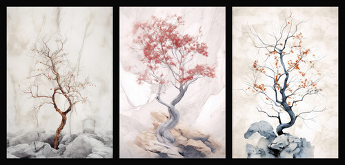 Set of tree art posters, pastel colors minimalist modern abstract concept art