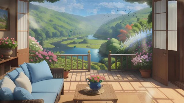 Beautiful and peaceful fantasy landscape background seen from the balcony of the house with sofa. Animation with Japanese anime or cartoon style that repeats continuously.