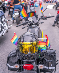 Los Angeles, CA, USA – June 11, 2023: A close up of parked motorcycle at the LA Pride Parade in...