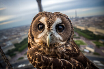 owl taking a selfie in the city