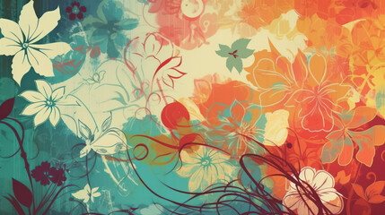 Lebendige und energetische Sommer Hintergrund mit hellen Farben, tropische Blumen und Blätter. Urlaub, Reisen, Meer. Generative AI.