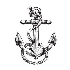 Sea anchor wrapped with rope. Ship equipment in sketch hand drawn style. Best for tattoo, emblem, logo. Vector illustration on white.