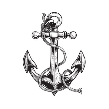 Sea anchor wrapped with rope. Ship equipment in sketch hand drawn style. Best for tattoo, emblem, logo. Vector illustration on white.