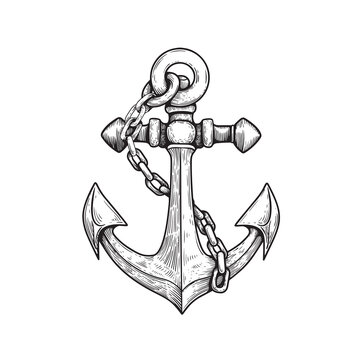 Sea anchor with chain. Ship equipment in sketch hand drawn style. Best for tattoo, emblem, logo. Vector illustration on white.